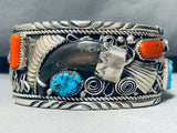 8 Inch Wrist Incredible Native American Navajo Turquoise Coral Sterling Silver Bear Bracelet-Nativo Arts