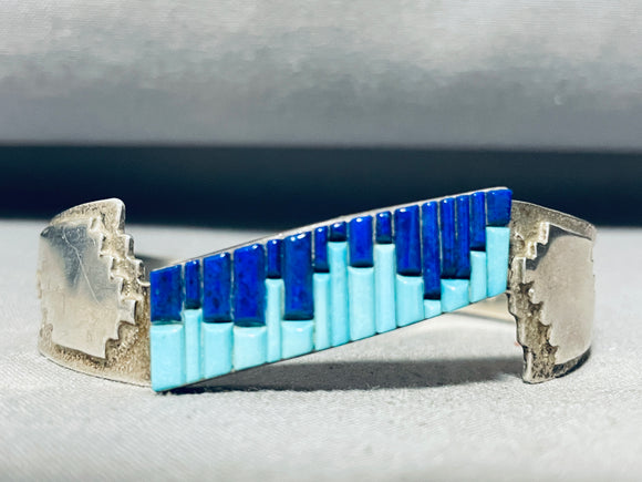 6.5 Inch Wrist Vintage Native American Navajo Turquoise Lapis Sterling Silver Inlay Bracelet-Nativo Arts