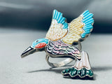 Massive Vintage Native American Zuni Turquoise Hummingbird Inlay Sterling Silver Ring