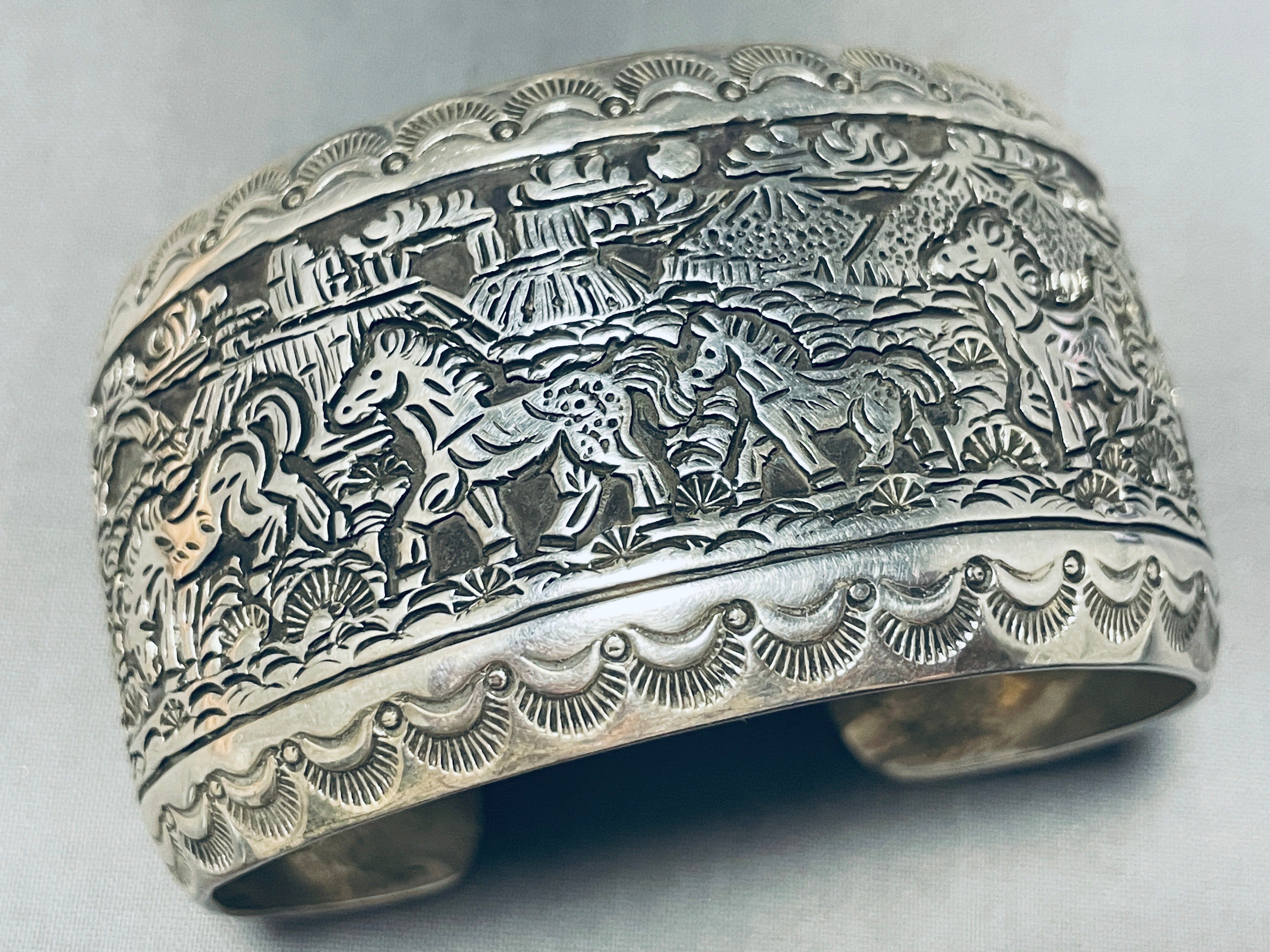 Ravishing Detail!! Vintage Navajo Sterling Silver Horses Bracelet