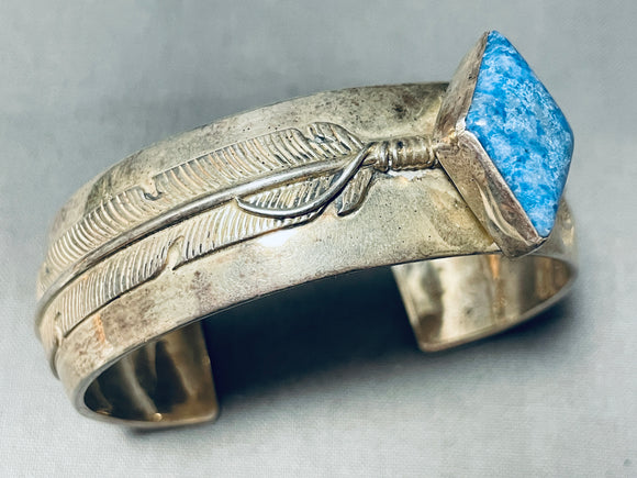 One Of The Most Unique Vintage Native American Navajo Lapis Feather Sterling Silver Bracelet-Nativo Arts