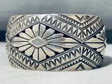 Hypnotic Vintage Native American Navajo Sterling Silver Geometric Handcarvings Huge Bracelet-Nativo Arts