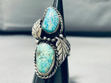 Gigantic Vintage Native American Navajo 2 Blue Green Turquoise Sterling Silver Ring-Nativo Arts