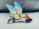 Marvelous Native American Zuni Signed Blue Gem Coral Inlay Silver Hummingbird Huge Ring-Nativo Arts