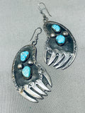 Gigantic Vintage Native American Navajo Bear Paw Turquoise Sterling Silver Earrings Old-Nativo Arts