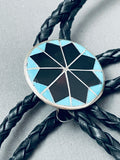 Native American Super Intricate Vintage Navajo Turquoise Jet Sterling Silver Inlay Bolo Tie-Nativo Arts