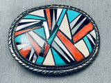 One Of The Most Intricate Vintage Native American Navajo Turquoise Inlay Sterling Silver Buckle-Nativo Arts