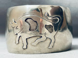 Wide Vintage Navajo Hand Tooled Bull Sterling Silver Bracelet Cuff