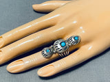 One Of A Kind Vintage Native American Navajo 3 Turquoise Shadowbox Sterling Silver Print Ring-Nativo Arts