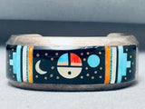 6.5 Inch Wrist Moona Dn Sun Vintage Native American Navajo Sterling Silver Inlay Bracelet-Nativo Arts