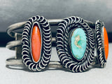 Swirls Galore Vintage Native American Navajo Turquoise Coral Sterling Silver Bracelet-Nativo Arts