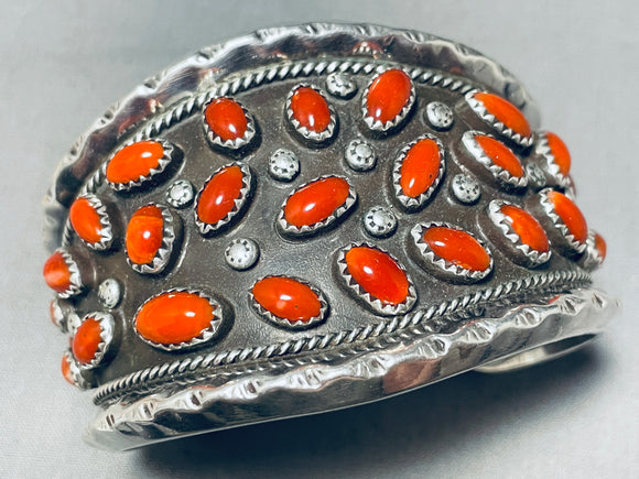 124 Gram Huge Vintage Native American Navajo Coral Sterling Silver Bracelet Old-Nativo Arts