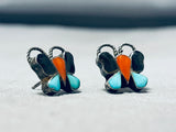 Awesome Vintage Native American Zuni Blue Gem Turquoise Coral Jet Silver Butterfly Earrings-Nativo Arts