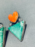 Marvelous Vintage Native American Navajo Signed Damale Turquoise Spiny Heart Silver Earrings-Nativo Arts