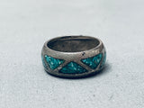 Very Old Vintage Native American Navajo Turquoise Inlay Sterling Silver Ring Sz 7-Nativo Arts