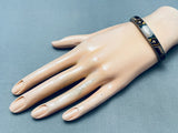 Detailed Vintage Native American Navajo 6 Inch Wrist Tan Stone Inlay Bracelet-Nativo Arts