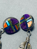 So Detailed Vintage Native American Zuni Turquoise Sterling Silver Inlay Earrings-Nativo Arts