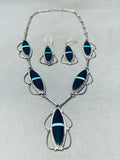 Inlaid Jet Turquoise Vintage Native American Navajo Sterling Silver Pendant Necklace Set