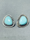 Native American Brilliant Zuni Signed Blue Gem Turquoise Sterling Silver Earrings-Nativo Arts
