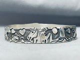 Carved Horse Scenery Vintage Native American Navajo Signed Lloyd Becenti Silver Bangle Bracelet