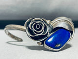 Flower And Lapis!! Vintage Native American Navajo Sterling Silver Bracelet Old-Nativo Arts