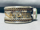 Heavy 89 Gram Native American Navajo Green Turquoise Sterling Silver Gold Bracelet-Nativo Arts