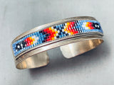 Hand Beaded Intricate Vintage Native American Navajo Sterling Silver Bracelet
