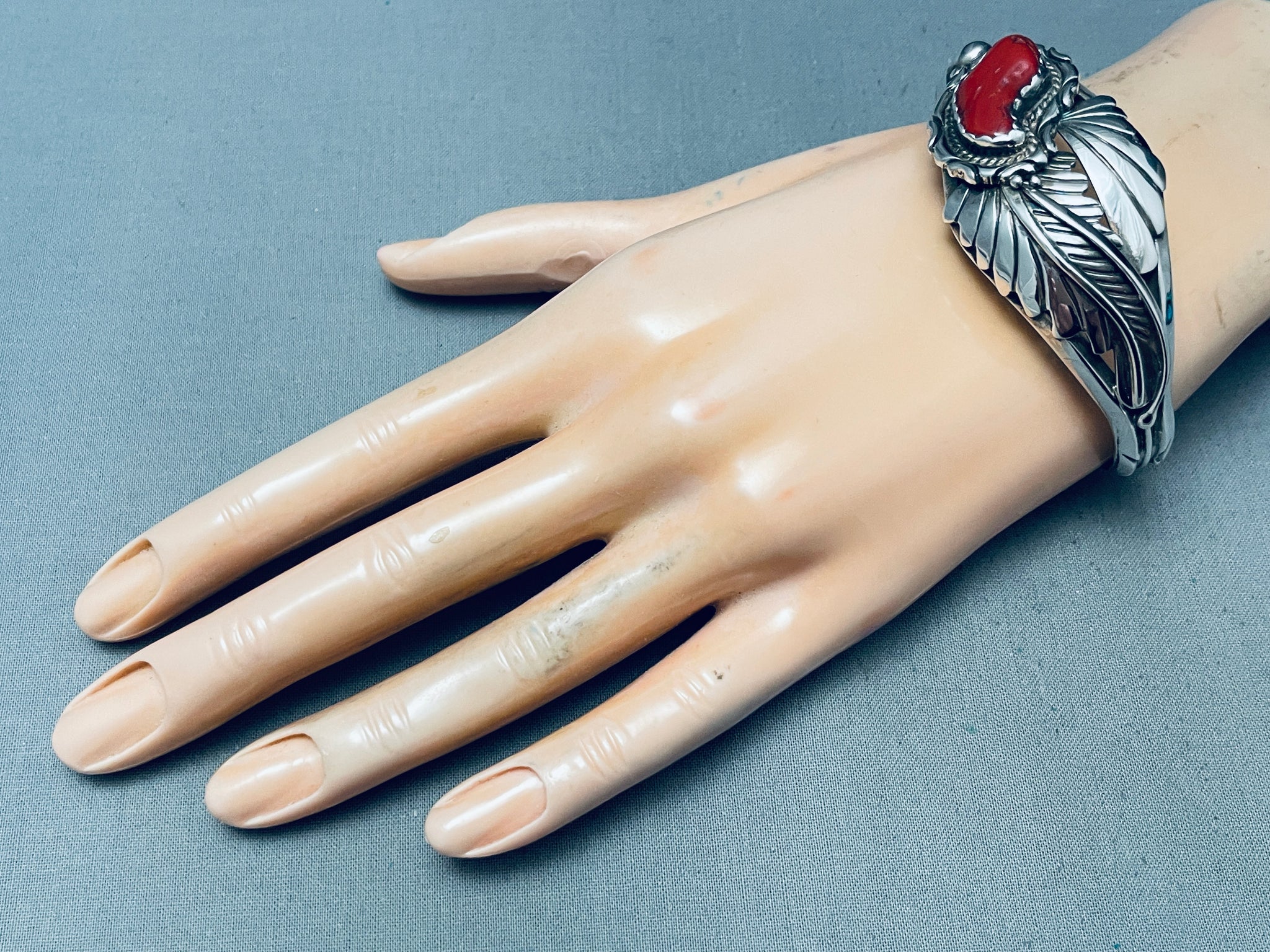 Chunky Coral Vintage Native American Navajo Sterling Silver Leaf Brace ...
