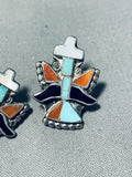 One Of The Finest Vintage Zuni Turquoise Inlay Sterling Silver Earrings-Nativo Arts