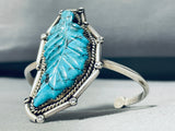 Completely Hand Carved Turquoise Vintage Native American Navajo Leaf Sterling Silver Bracelet-Nativo Arts