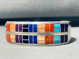 Tsadiase Vintage Native American Zuni Turquoise Inlay Sterling Silver Squared Bracelet Cuff-Nativo Arts