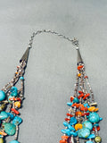 Amazing Native American Navajo Turquoise Coral Spiny 6 Strand Silver Treasure Necklace-Nativo Arts
