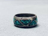 Very Old Vintage Native American Navajo Turquoise Inlay Sterling Silver Ring Sz 7-Nativo Arts