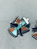 Native American One Of The Finest Vintage Zuni Turquoise Inlay Sterling Silver Earrings-Nativo Arts