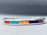 Important Larry Loretto Vintage Native American Zuni Turquoise Inlay Sterling Silver Bracelet