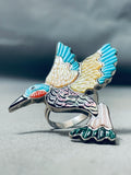 Massive Vintage Native American Zuni Turquoise Hummingbird Inlay Sterling Silver Ring