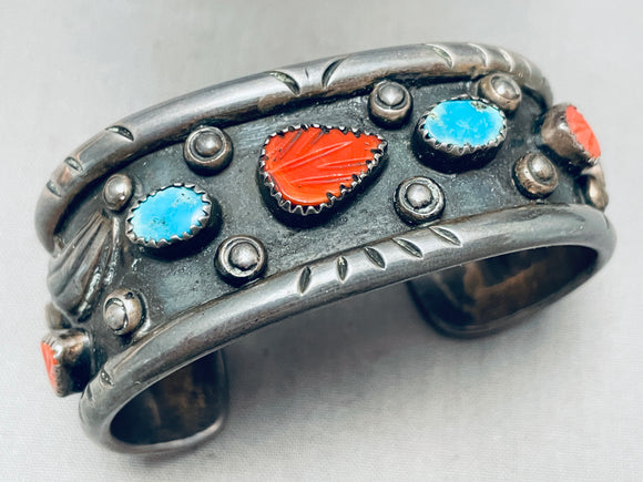 Leaf Carved Coral Vintage Native American Navajo Turquoise Sterling Silver Bracelet-Nativo Arts