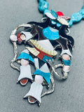 Huge Kachina Dancer Native American Zuni Turquoise Inlay Sterling Silver Necklace-Nativo Arts