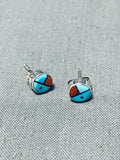 Authentic Native American Zuni Blue Gem Turquoise Coral Sterling Silver Sunface Earrings-Nativo Arts