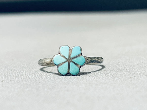 Adorable Vintage Native American Zuni Blue Gem Turquoise Sterling Silver Ring-Nativo Arts