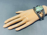 Unique Flanks!! Vintage Native American Navajo Green Turquoise Sterling Silver Bracelet Old-Nativo Arts
