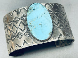 Detailed Hand Stamped!! Wide Vintage Native American Navajo Turquoise Sterling Silver Bracelet-Nativo Arts