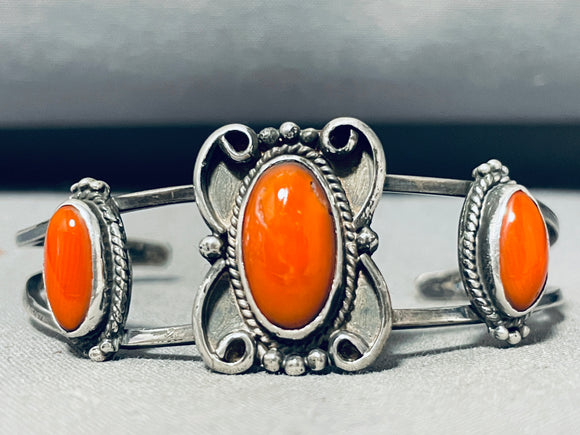 Superior Vintage Native American Navajo Coral Sterling Silver Bracelet-Nativo Arts