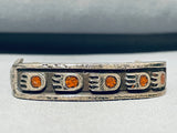 Unique Vintage Native American Navajo Coral Chip Inlay Sterling Silver Tracks Bracelet-Nativo Arts