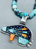 Space Bear Native American Navajo Turquoise Inlay Sterling Silver Necklace-Nativo Arts