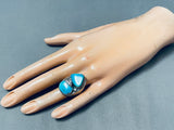 HEAVY TALL VINTAGE NAVAJO TURQUOISE STERLING SILVER LEAF RING