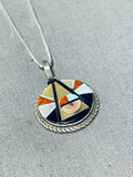 Mesmerizing Vintage Signed Native American Zuni Sunface Coral Turquoise Inlay Silver Necklace-Nativo Arts