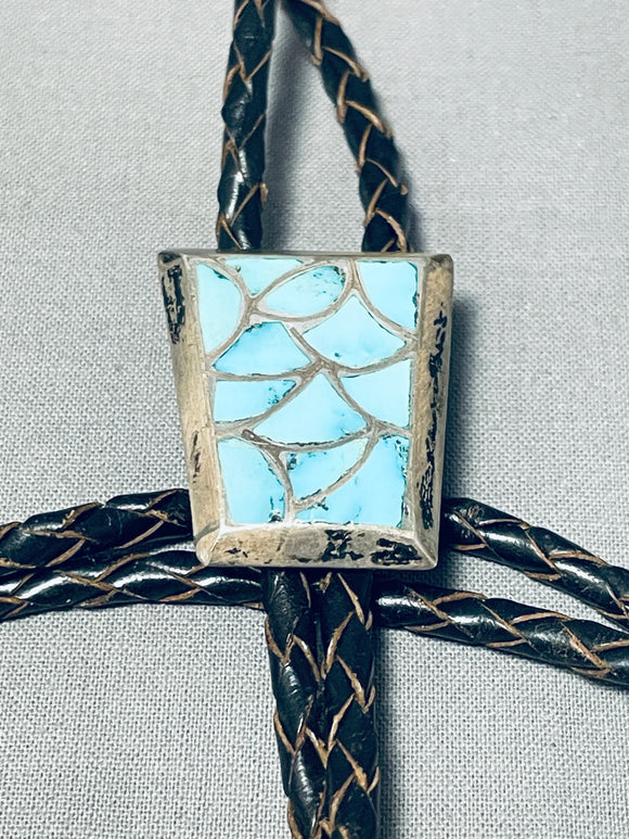 Brilliant Vintage Native American Zuni Blue Gem Turquoise Sterling Silver Bolo Tie-Nativo Arts
