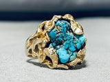 Heavy 14k Gold Vintage Native American Navajo Morenci Turquoise Ring-Nativo Arts