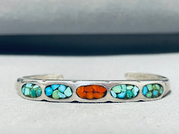 Authentic Vintage Native American Navajo Turquoise Coral Sterling Silver Bracelet-Nativo Arts
